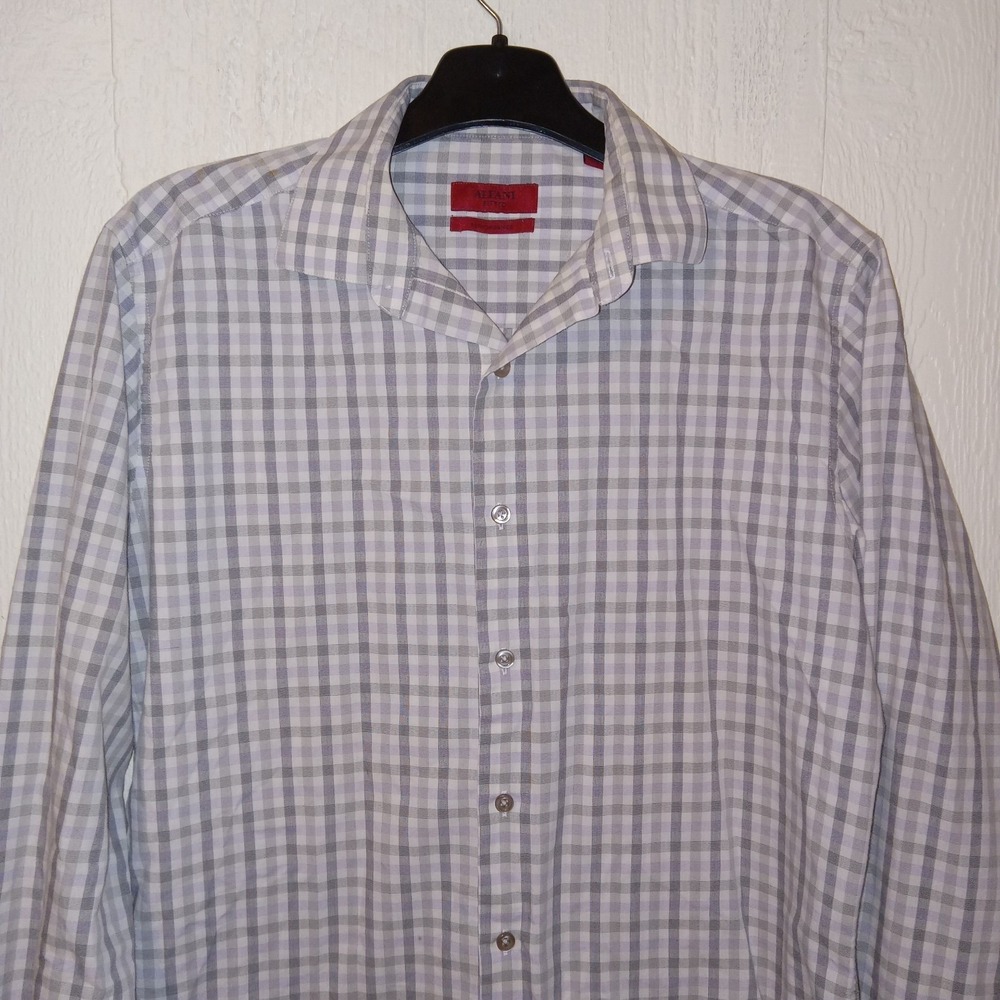Alfani Performance Dress Shirt Mens M 15 34-35 Gray White Gingham Fitted
